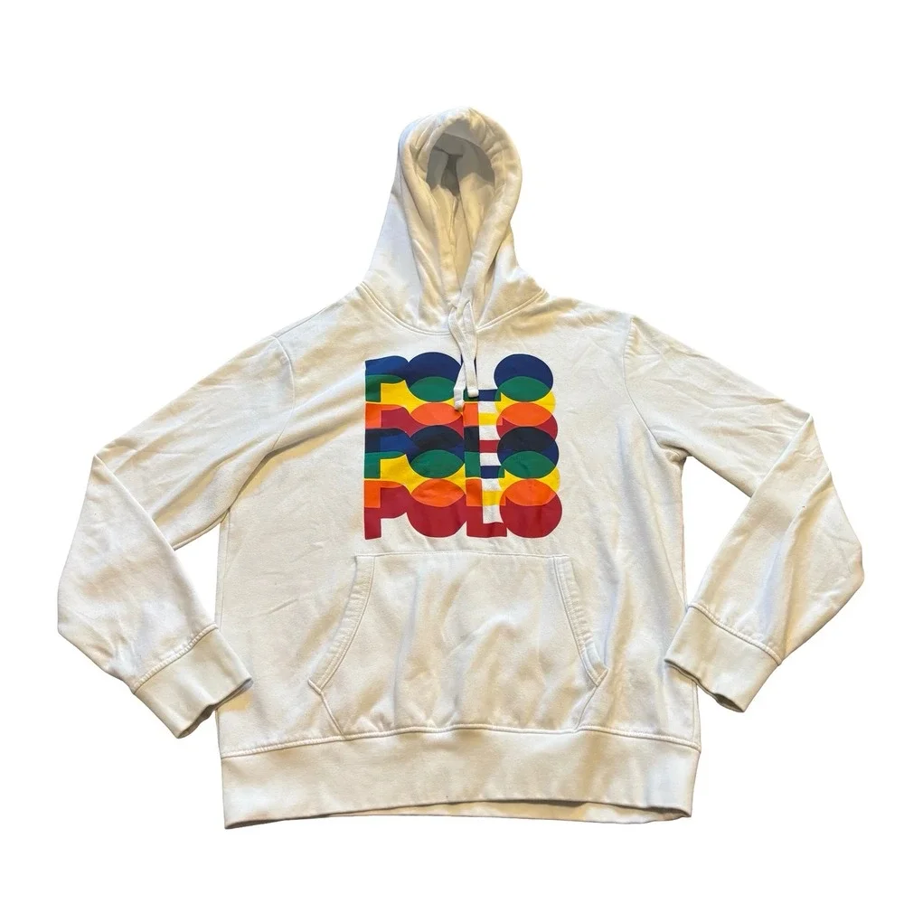Polo Ralph Lauren Mens Logo Fleece Hoodie White Multi Color Stacked Graphic M